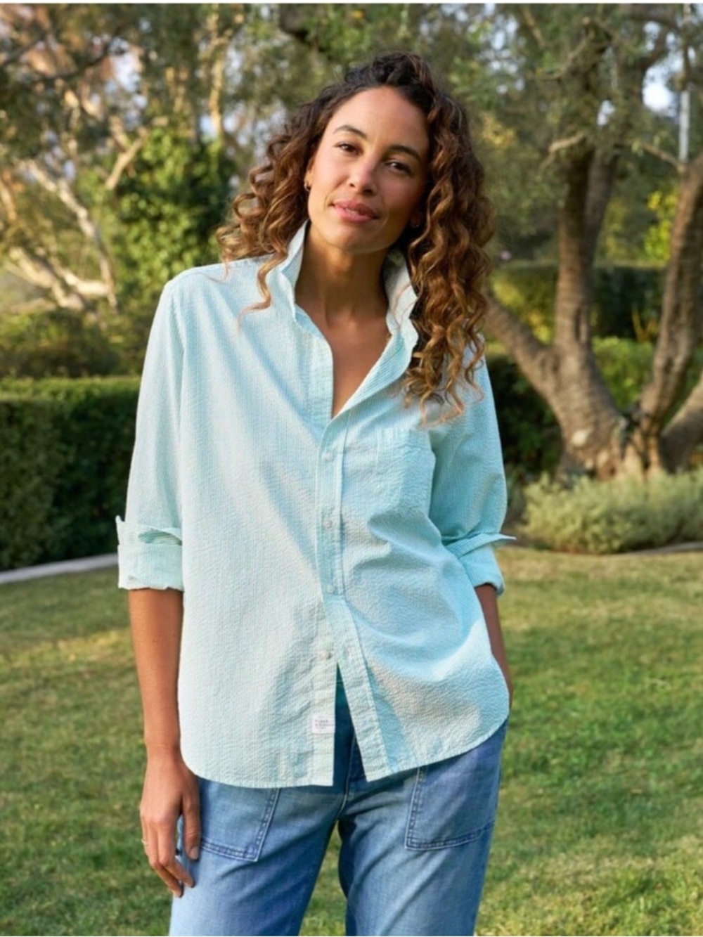 Frank and Eileen Relaxed Button-Up Shirt Green Stripe Italian Seersucker size L